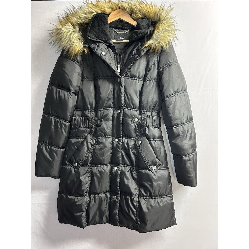 a.n.a Black Puffer Coat with Faux Fur Hood